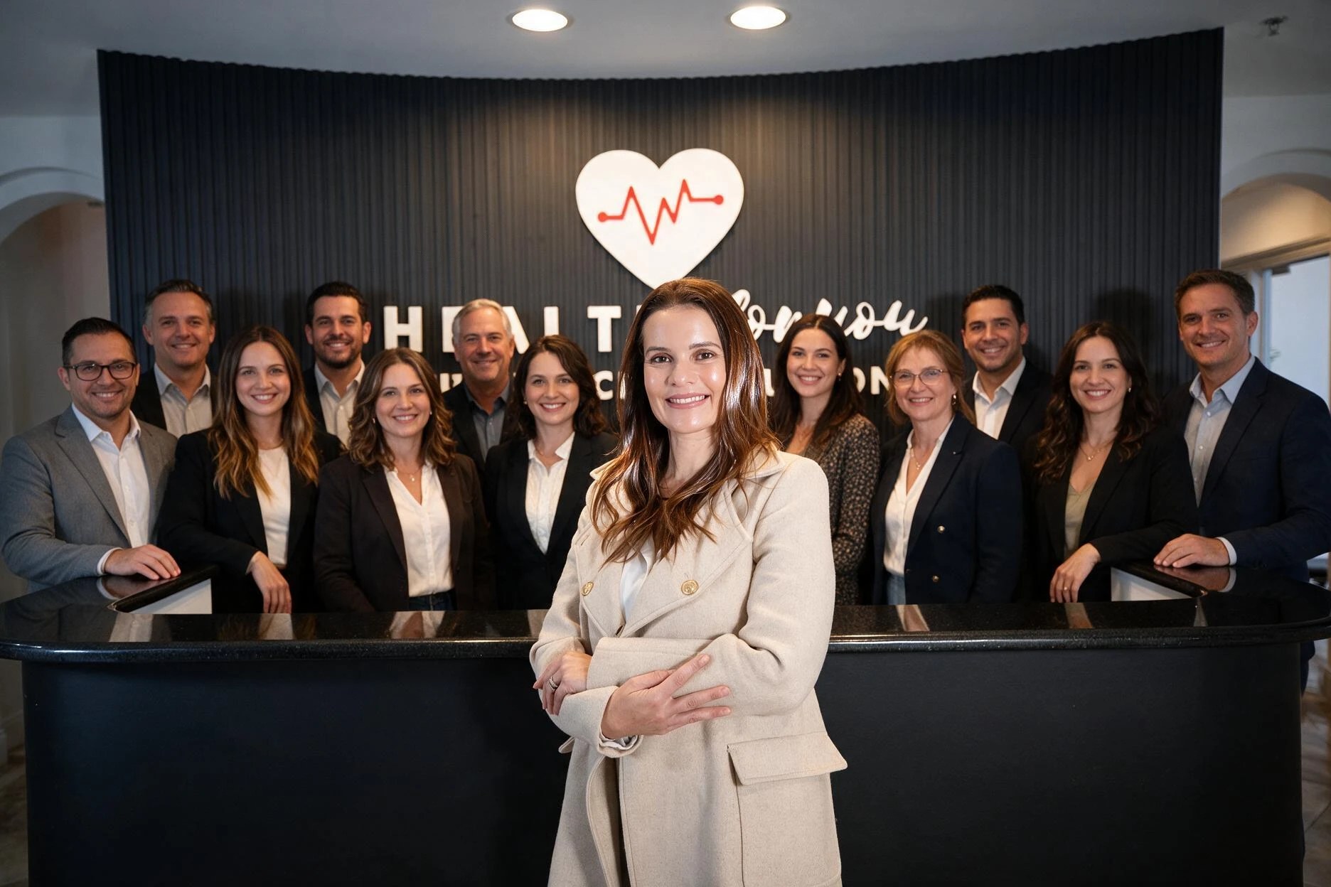 A equipe da Health For You na recepção do escritório, em Orlando