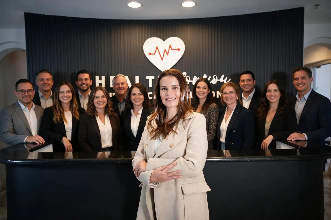 A equipe da Health For You na recepção do escritório, em Orlando